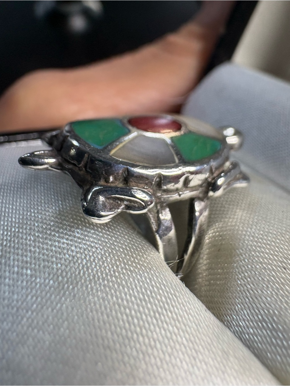 Ring Zuni Turtle 925 Sterling Silver Vintage Turquoise Coral Mother-of-Pearl - Picture 4 of 8
